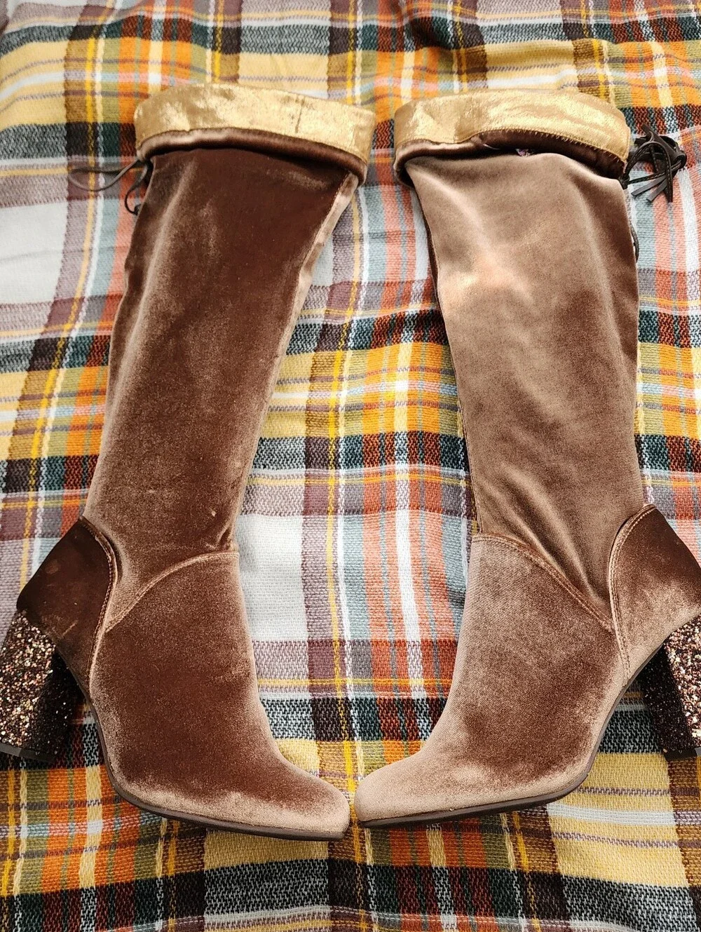 J. Renee Velvet Over The Knee Boots With Tassels And Glitter Block Heel.